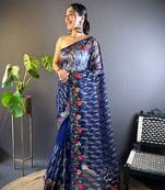 Blue net embroidered thread work heavy look ethnic saree with blouse