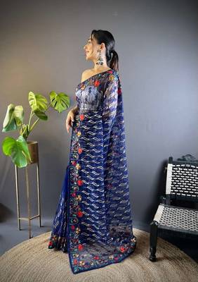 Blue net embroidered thread work heavy look ethnic saree with blouse 2