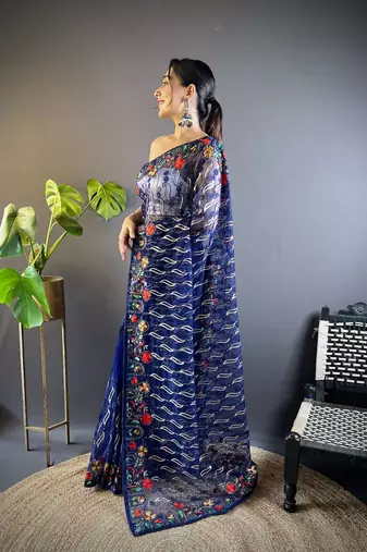 Blue net embroidered thread work heavy look ethnic saree with blouse