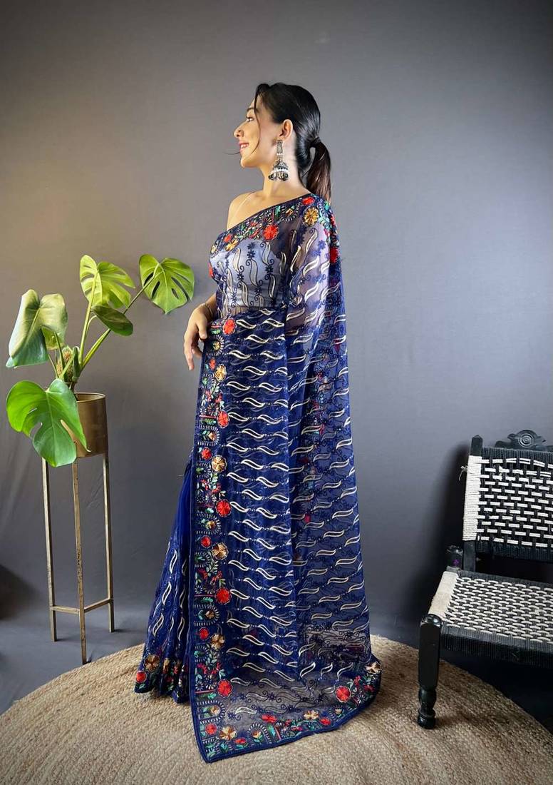 Blue net embroidered thread work heavy look ethnic saree with blouse