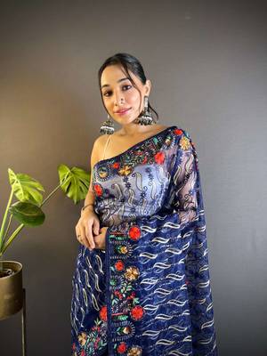 Blue net embroidered thread work heavy look ethnic saree with blouse 3