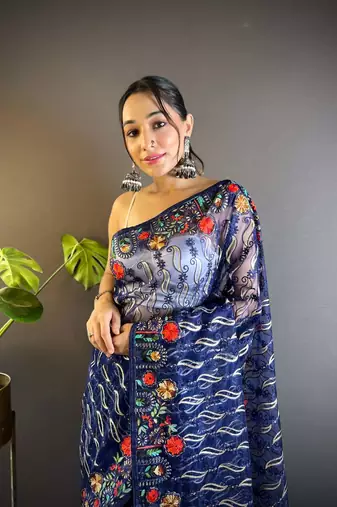 Blue net embroidered thread work heavy look ethnic saree with blouse