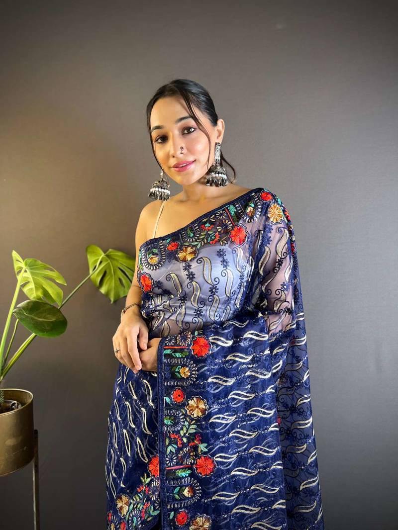 Blue net embroidered thread work heavy look ethnic saree with blouse