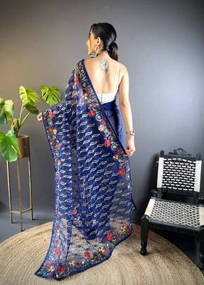 Blue net embroidered thread work heavy look ethnic saree with blouse 4