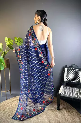 Blue net embroidered thread work heavy look ethnic saree with blouse
