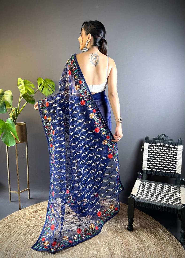 Blue net embroidered thread work heavy look ethnic saree with blouse