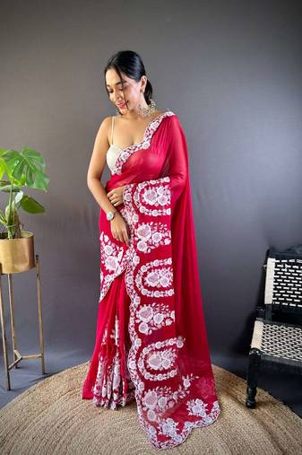 Red organza embroidered thread work heavy look ethnic saree with blouse