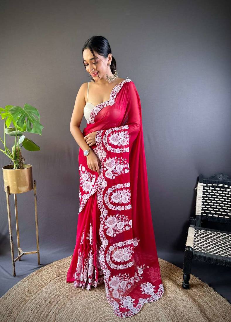 Red organza embroidered thread work heavy look ethnic saree with blouse