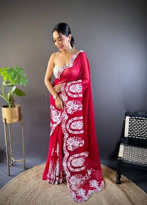Red organza embroidered thread work heavy look ethnic saree with blouse 1