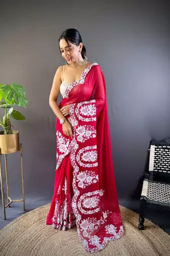 Red organza embroidered thread work heavy look ethnic saree with blouse