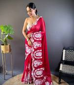 Red organza embroidered thread work heavy look ethnic saree with blouse