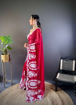 Red organza embroidered thread work heavy look ethnic saree with blouse 2