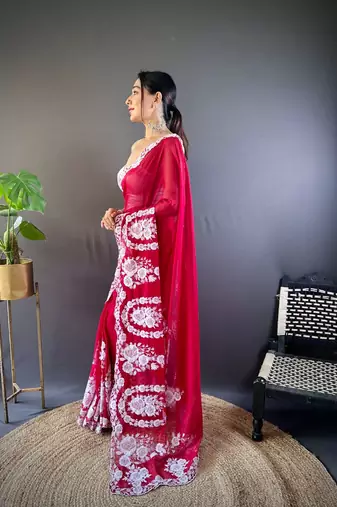 Red organza embroidered thread work heavy look ethnic saree with blouse