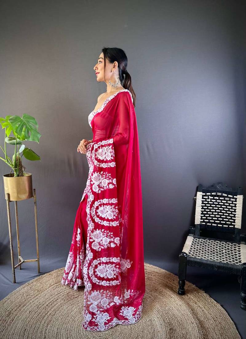 Red organza embroidered thread work heavy look ethnic saree with blouse