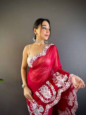 Red organza embroidered thread work heavy look ethnic saree with blouse 3