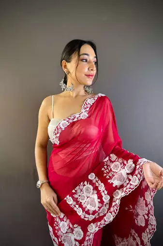 Red organza embroidered thread work heavy look ethnic saree with blouse