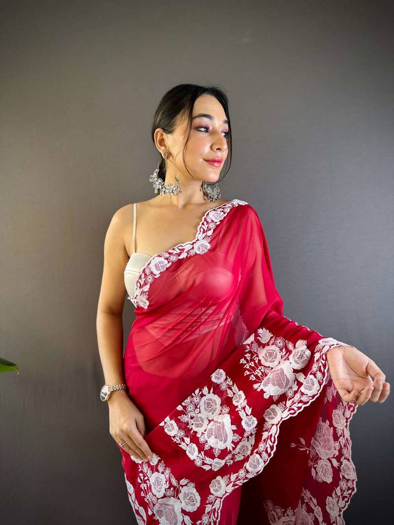 Red organza embroidered thread work heavy look ethnic saree with blouse