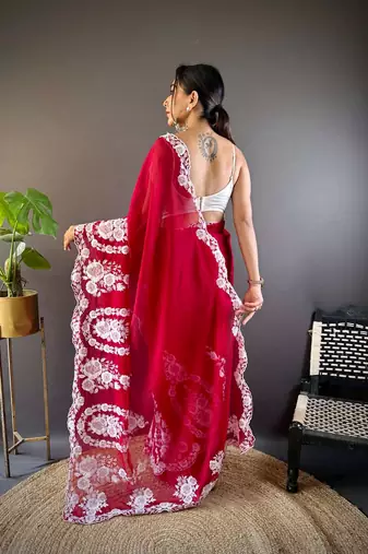 Red organza embroidered thread work heavy look ethnic saree with blouse