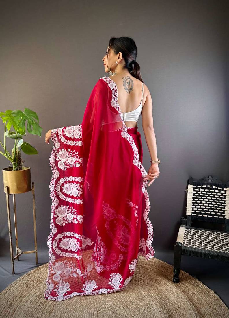 Red organza embroidered thread work heavy look ethnic saree with blouse