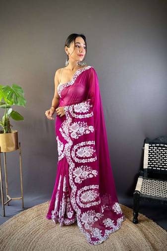Pink organza embroidered thread work heavy look ethnic saree with blouse