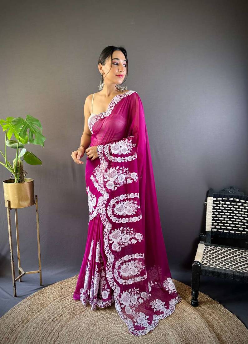 Pink organza embroidered thread work heavy look ethnic saree with blouse