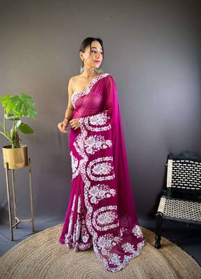 Pink organza embroidered thread work heavy look ethnic saree with blouse 1