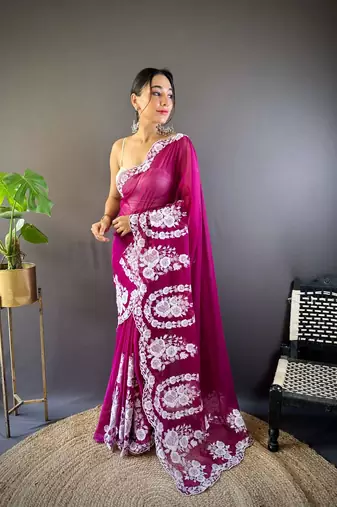 Pink organza embroidered thread work heavy look ethnic saree with blouse