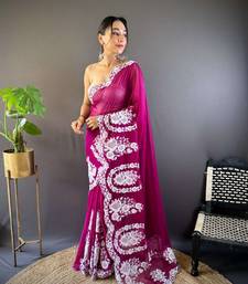 Pink organza embroidered thread work heavy look ethnic saree with blouse
