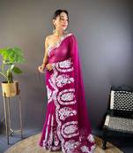 Pink organza embroidered thread work heavy look ethnic saree with blouse