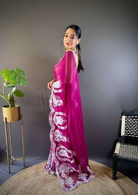 Pink organza embroidered thread work heavy look ethnic saree with blouse 2