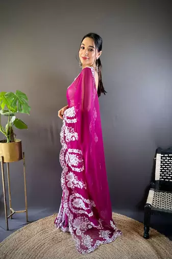 Pink organza embroidered thread work heavy look ethnic saree with blouse