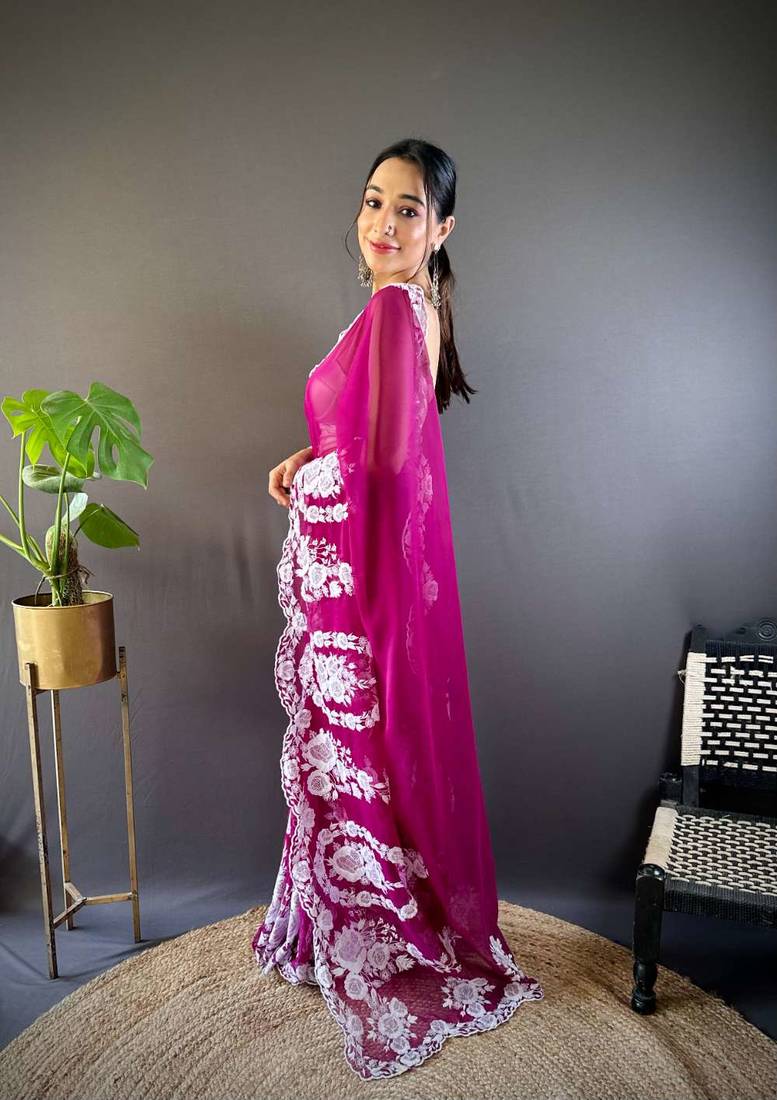 Pink organza embroidered thread work heavy look ethnic saree with blouse