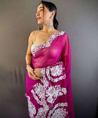 Pink organza embroidered thread work heavy look ethnic saree with blouse 3