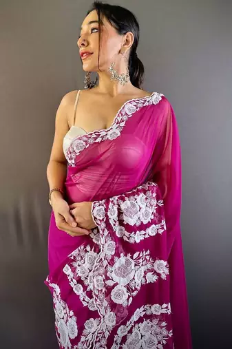 Pink organza embroidered thread work heavy look ethnic saree with blouse
