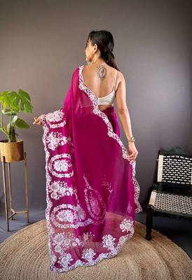 Pink organza embroidered thread work heavy look ethnic saree with blouse 4