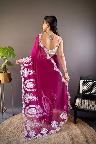 Pink organza embroidered thread work heavy look ethnic saree with blouse