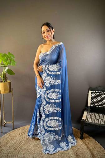 Blue organza embroidered thread work heavy look ethnic saree with blouse