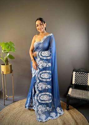 Blue organza embroidered thread work heavy look ethnic saree with blouse 1