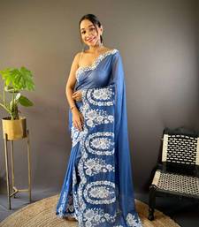 Blue organza embroidered thread work heavy look ethnic saree with blouse