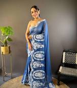 Blue organza embroidered thread work heavy look ethnic saree with blouse