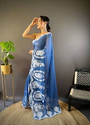 Blue organza embroidered thread work heavy look ethnic saree with blouse 2
