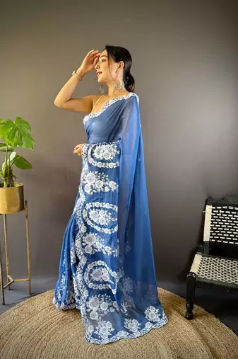 Blue organza embroidered thread work heavy look ethnic saree with blouse