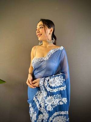 Blue organza embroidered thread work heavy look ethnic saree with blouse 3