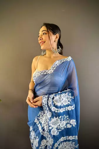 Blue organza embroidered thread work heavy look ethnic saree with blouse