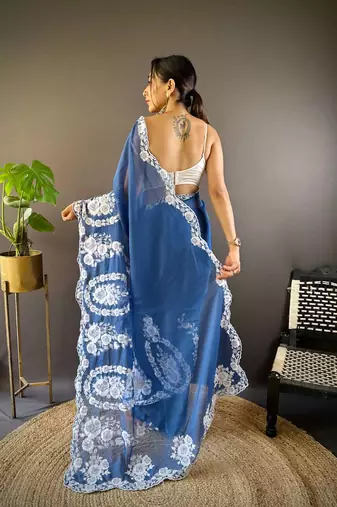 Blue organza embroidered thread work heavy look ethnic saree with blouse