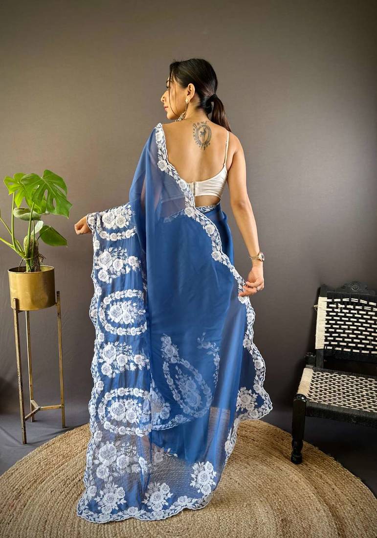 Blue organza embroidered thread work heavy look ethnic saree with blouse