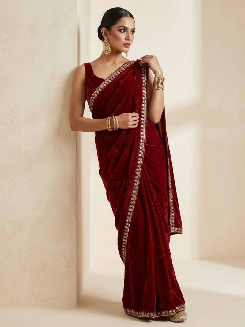 Maroon velvet embroidered sequins work heavy look ethnic saree with blouse