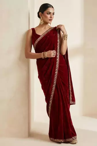 Maroon velvet embroidered sequins work heavy look ethnic saree with blouse