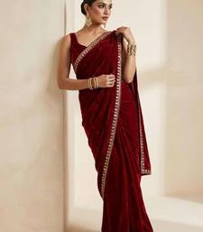 Maroon velvet embroidered sequins work heavy look ethnic saree with blouse