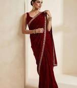 Maroon velvet embroidered sequins work heavy look ethnic saree with blouse